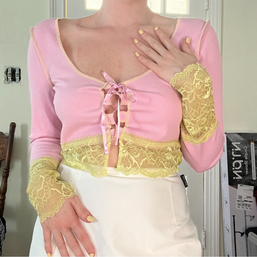 NWT Urban Outfitters Pink and Yellow Lace Up Long Sleeve Top